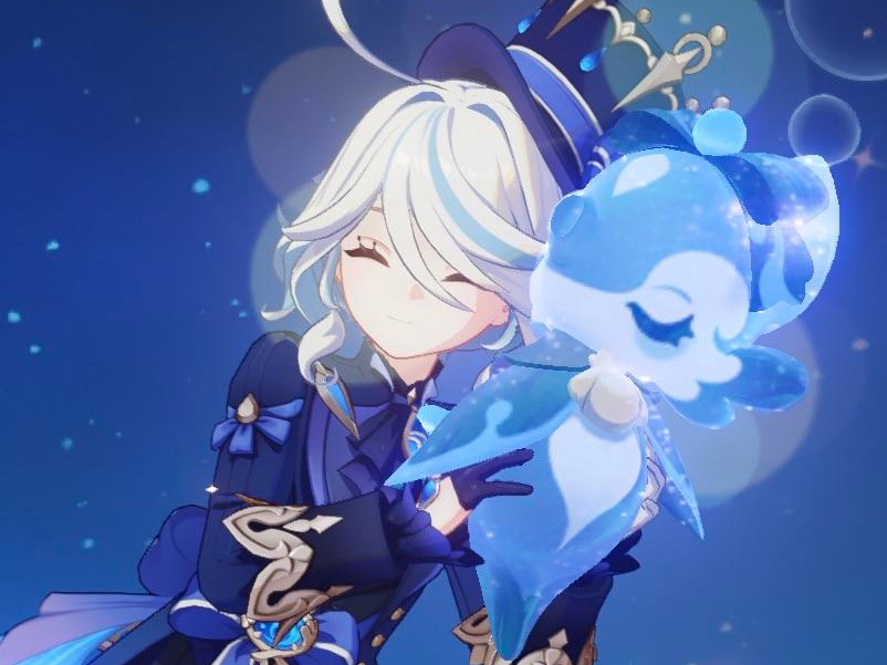 Furina, with a smile on her face, hugging Surintendante Chevalmarin.