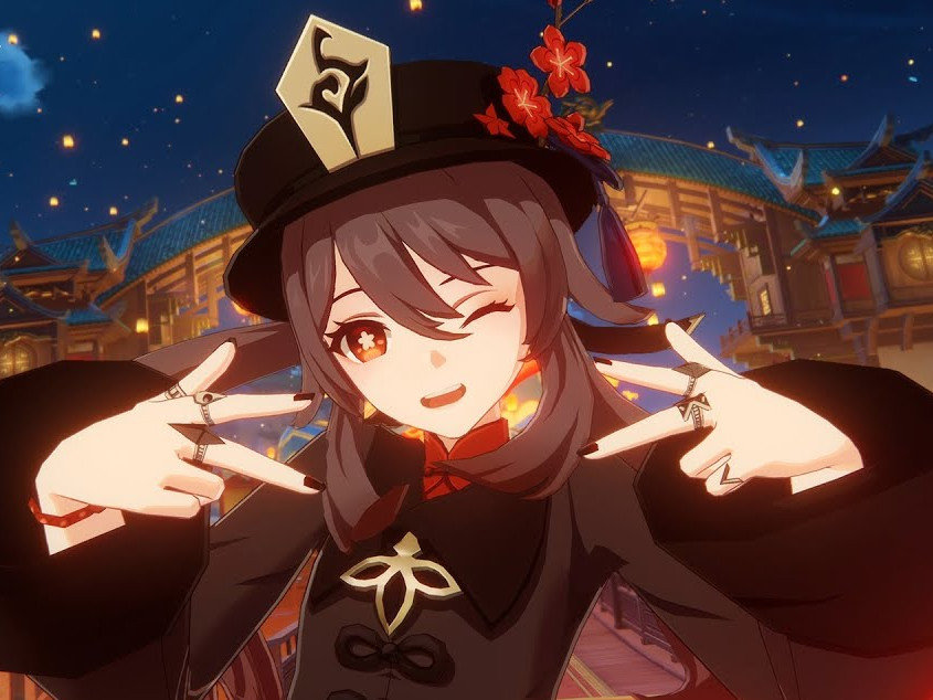 Hu Tao throwing gang signs at the viewer while winking.